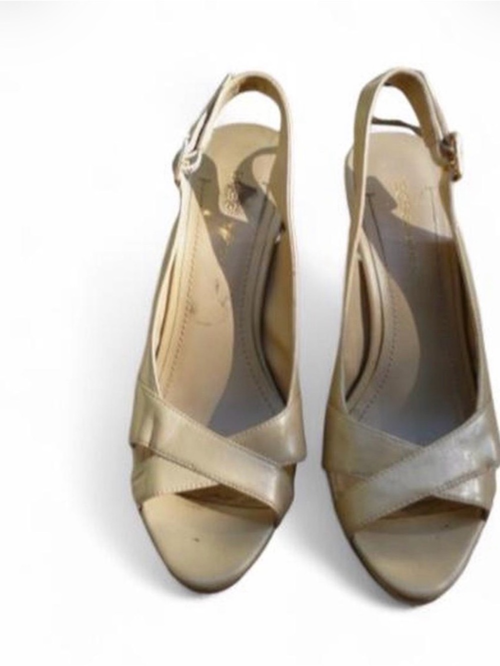BCBGirls Metallic Gold Crisscross Slingback Peep-Toe Heels